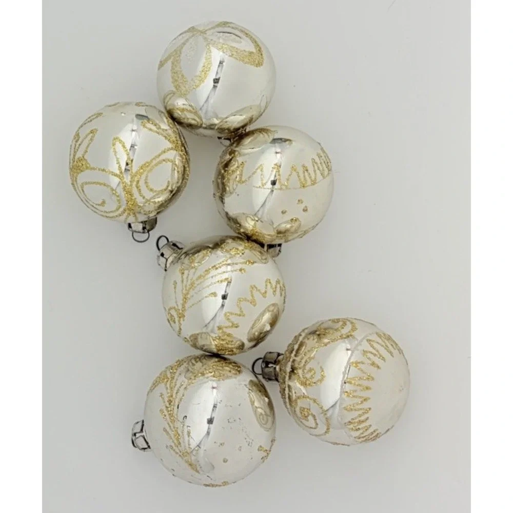 Vintage Glass Christmas Ornaments Silver Gold Mica Stenciled 1.5 Inches Lot of 6